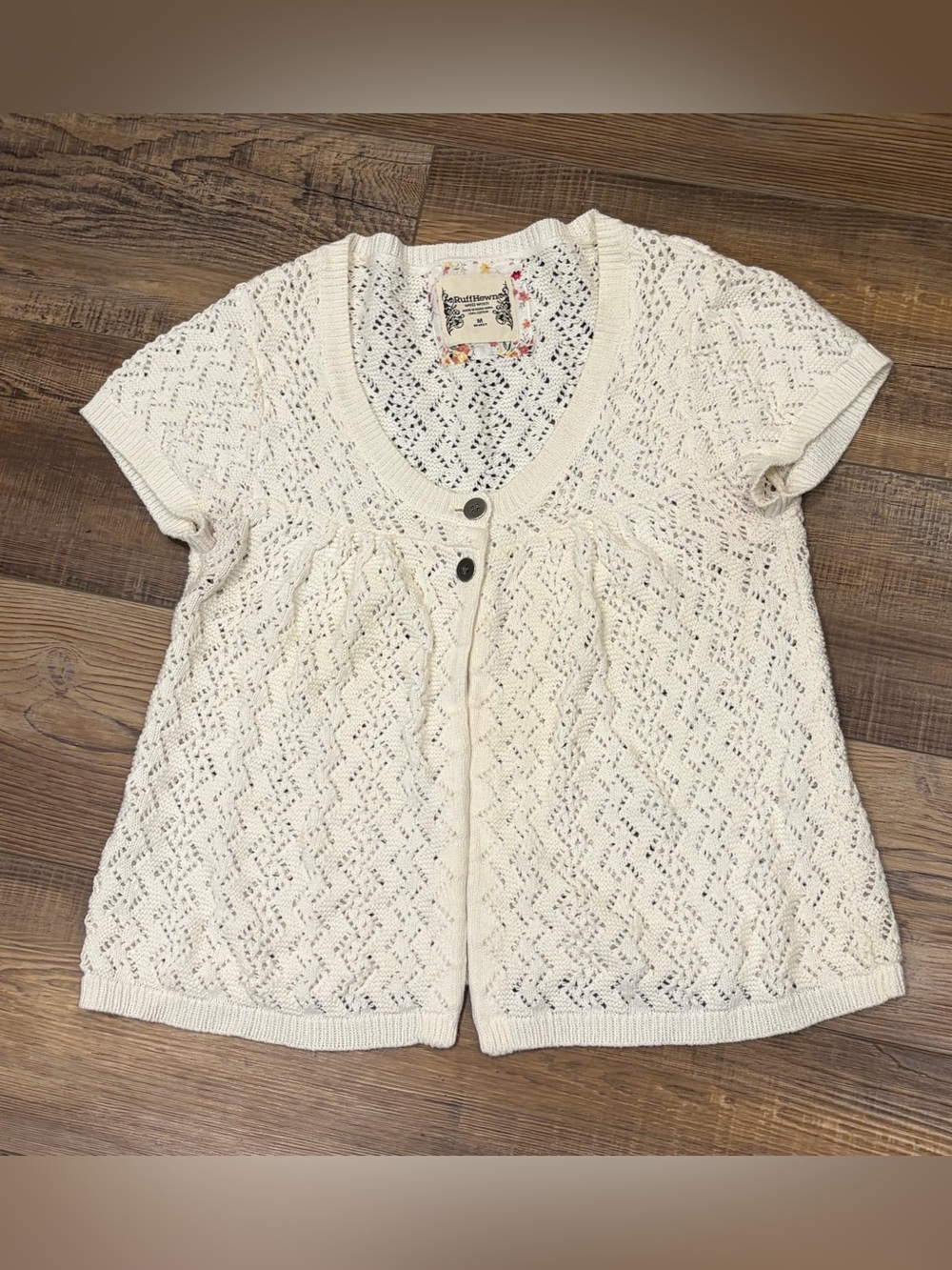 Ruff Hewn Ivory Openwork Crochet Short Sleeve 2 button Cardigan 100% cotton